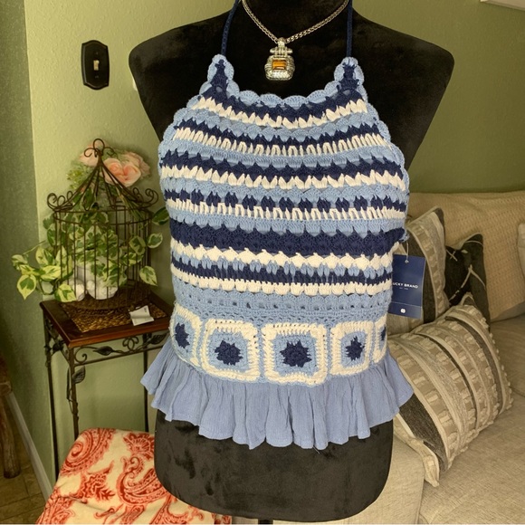 Lucky Brand Crochet Halter indingo Top - Picture 2 of 5
